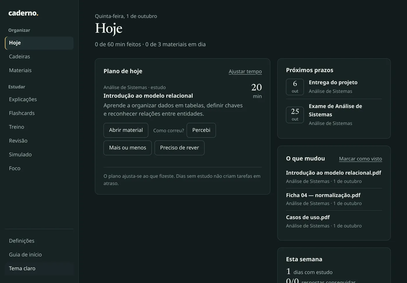 Ecrã Hoje do Caderno, com o plano de estudo do dia