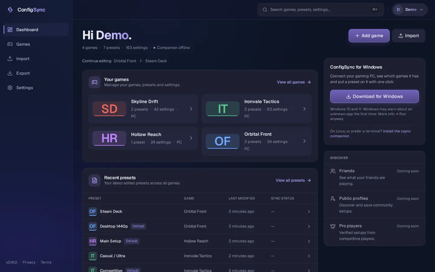 Dashboard do ConfigSync com os jogos e os presets recentes