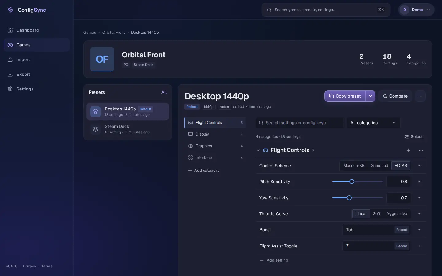 Editor de um preset do ConfigSync, com sliders, opções e teclas