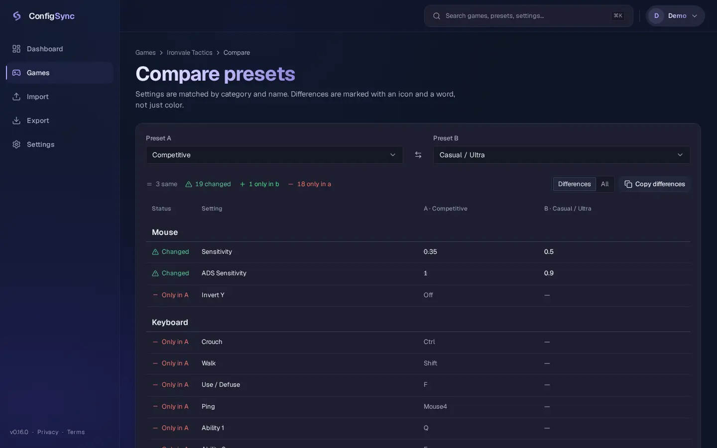 Comparação de dois presets do ConfigSync, com as diferenças assinaladas