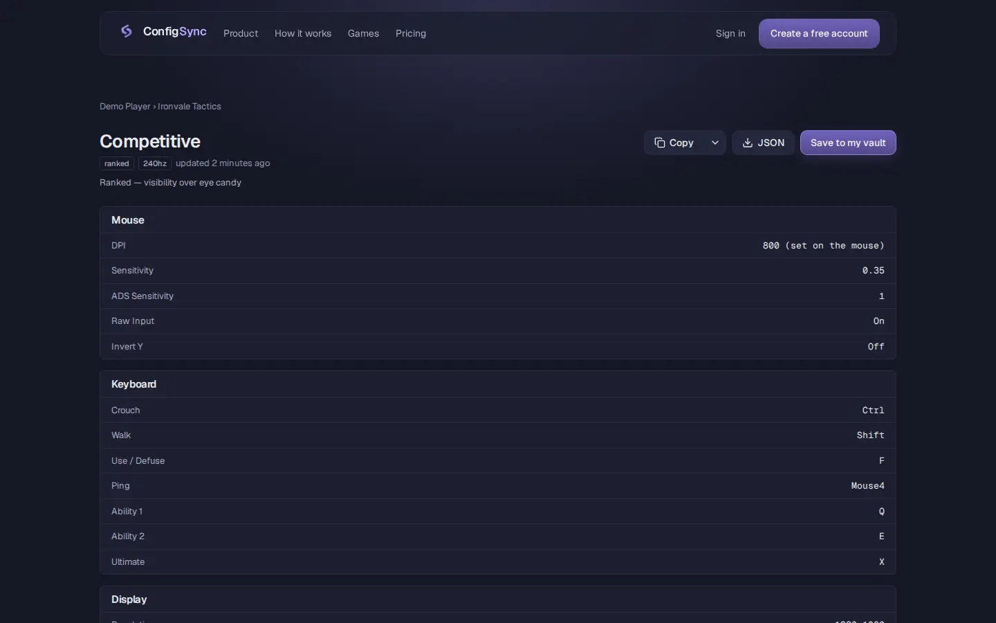 Preset partilhado publicamente, com botões para copiar, descarregar e guardar