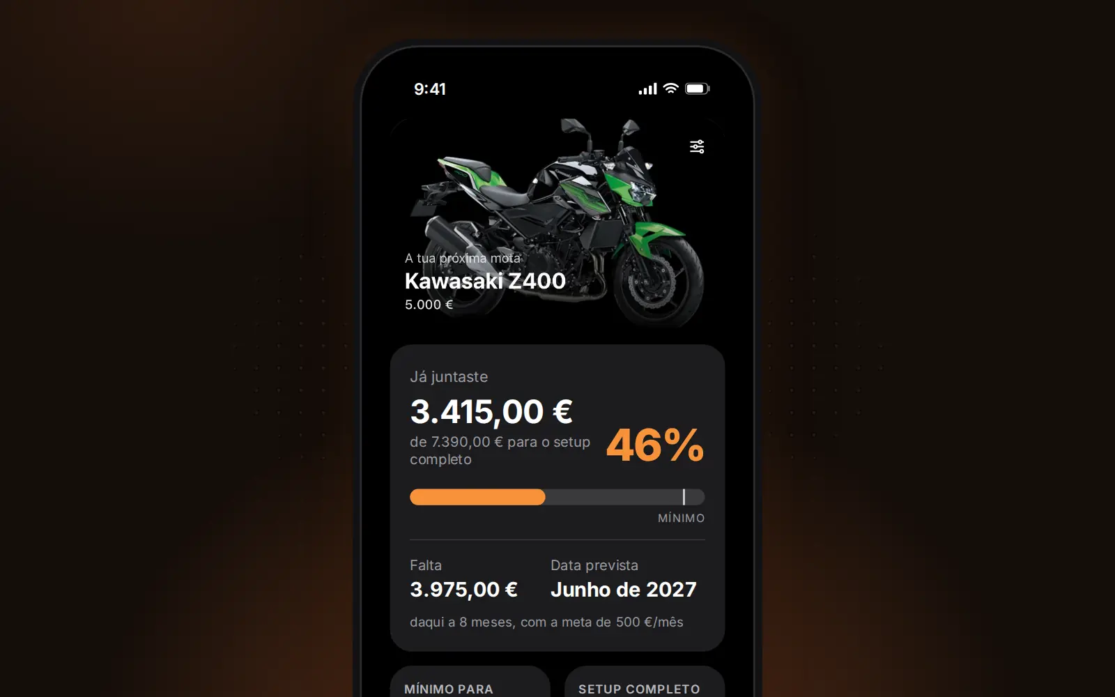 Ecrã inicial da app Mota com o progresso da poupança